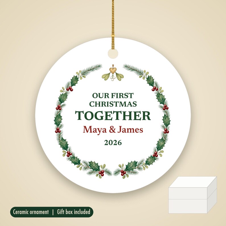 Our First Christmas Together Ornament 2026, Personalized Couple Names Ceramic Keepsake, Boyfriend Girlfriend Gift imagem 1