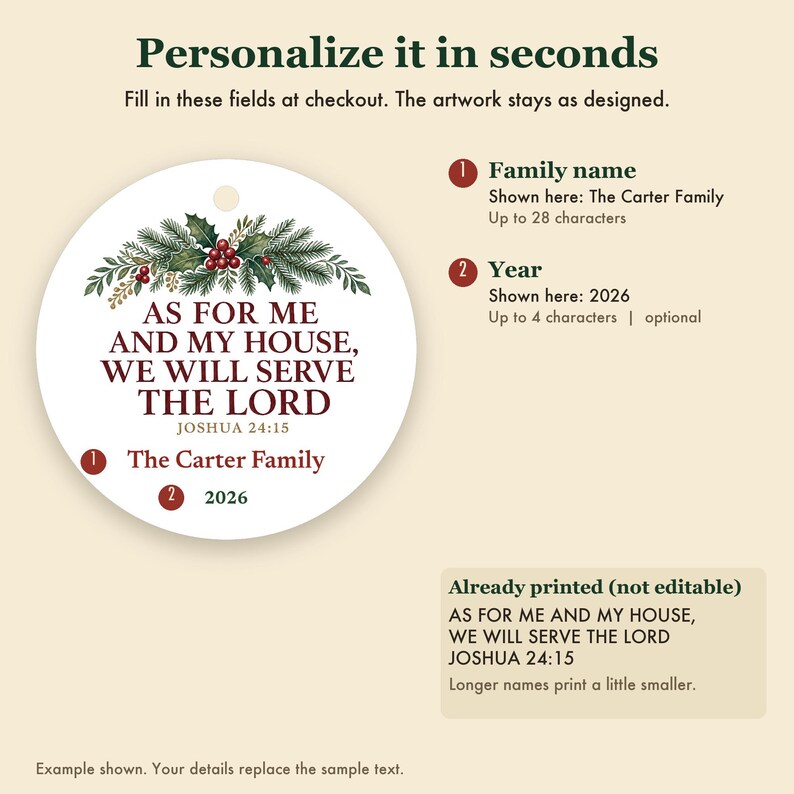 Christian Family Christmas Ornament, As For Me and My House Scripture, Personalized Name Bild 3
