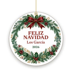 Feliz Navidad Family Name Ornament, Bilingual Spanish Custom Ceramic Keepsake 2026 image 2