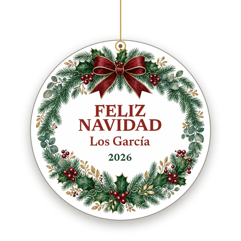 Feliz Navidad Family Name Ornament, Bilingual Spanish Custom Ceramic Keepsake 2026 image 2