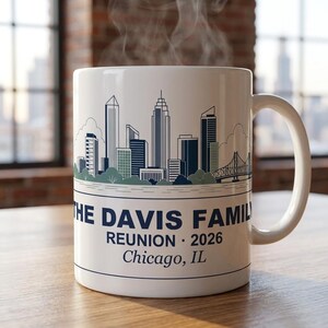 Gepersonaliseerde mok familiereünie, aangepaste koffiekop skyline stad, aandenken 2026 afbeelding 1