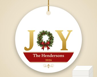 JOY Christmas Ornament Classic Red Gold, Holly Custom Family Name Ceramic Keepsake