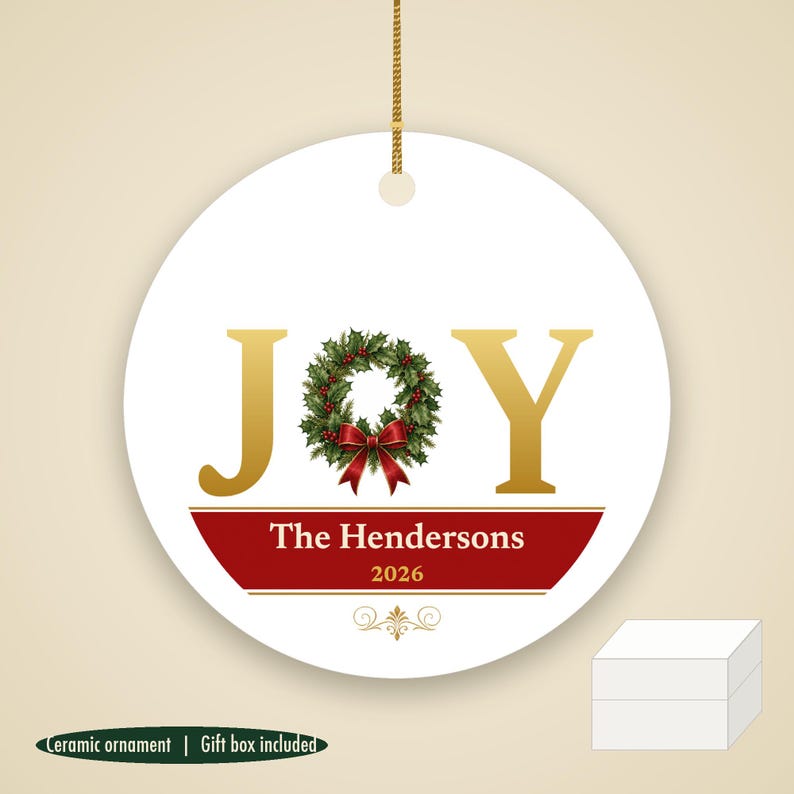 JOY Christmas Ornament Classic Red Gold, Holly Custom Family Name Ceramic Keepsake Bild 1