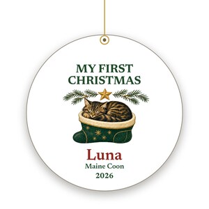 Cat's First Christmas Ornament 2026, Personalized Cat Name and Breed Ceramic Keepsake imagen 2