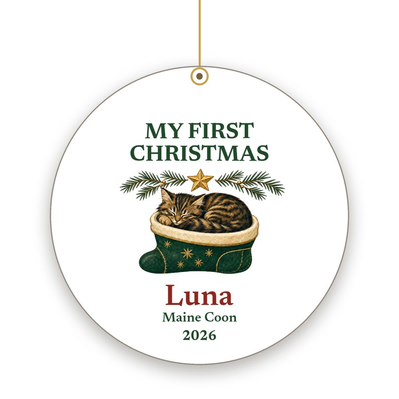 Cat's First Christmas Ornament 2026, Personalized Cat Name and Breed Ceramic Keepsake imagen 2