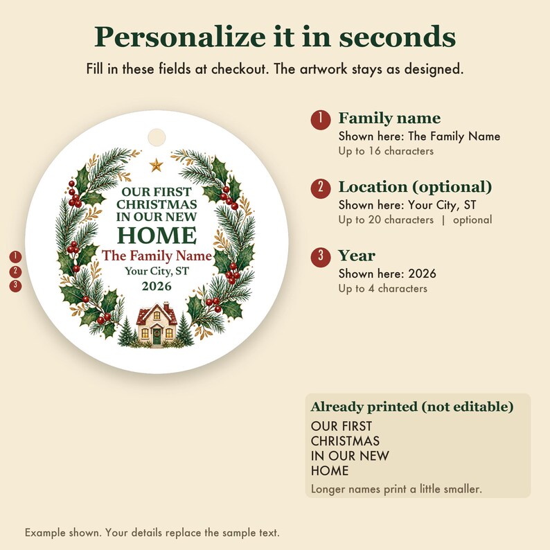 First Christmas in Our New Home Ornament 2026, Personalized Family Name and City Ceramic Keepsake, Housewarming Gift image 3