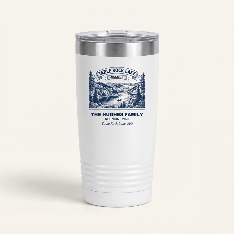 Gepersonaliseerde Table Rock Lake familiereünie drinkbeker, cadeau voor een reis naar de Ozarks in 2026 met bijpassende naam, geïsoleerde dubbelwandige reisbeker afbeelding 1
