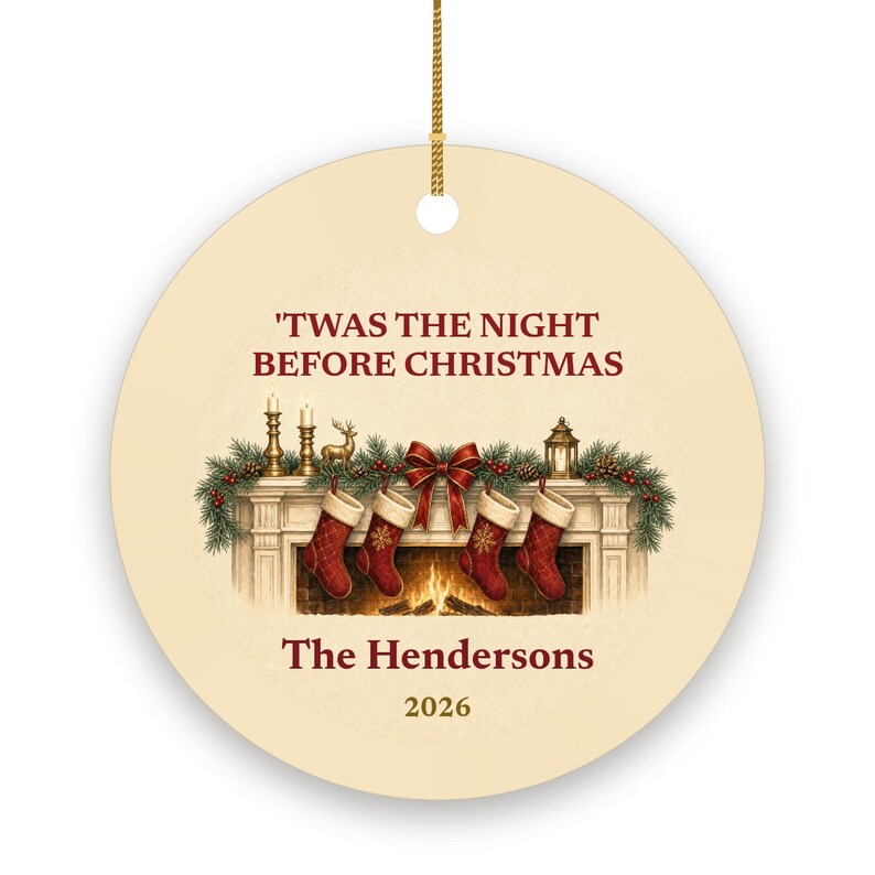 Twas the Night Before Christmas Ornament, Classic Stockings Family Name Ceramic immagine 2