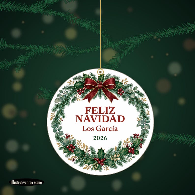 Feliz Navidad Family Name Ornament, Bilingual Spanish Custom Ceramic Keepsake 2026 image 6