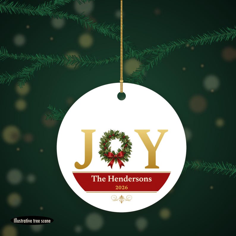 JOY Christmas Ornament Classic Red Gold, Holly Custom Family Name Ceramic Keepsake Bild 6