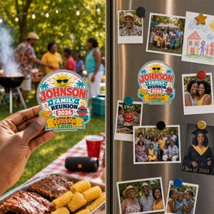 Magnete personalizzato per riunione di famiglia 2026 con nome personalizzato, ricordo fotografico da frigo, regalo per celebrazione di gruppo, bomboniera ricordo, idea regalo immagine 1