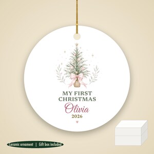My First Christmas Ornament Pastel, Dainty Tree Cursive Baby Name Ceramic 2026 afbeelding 1