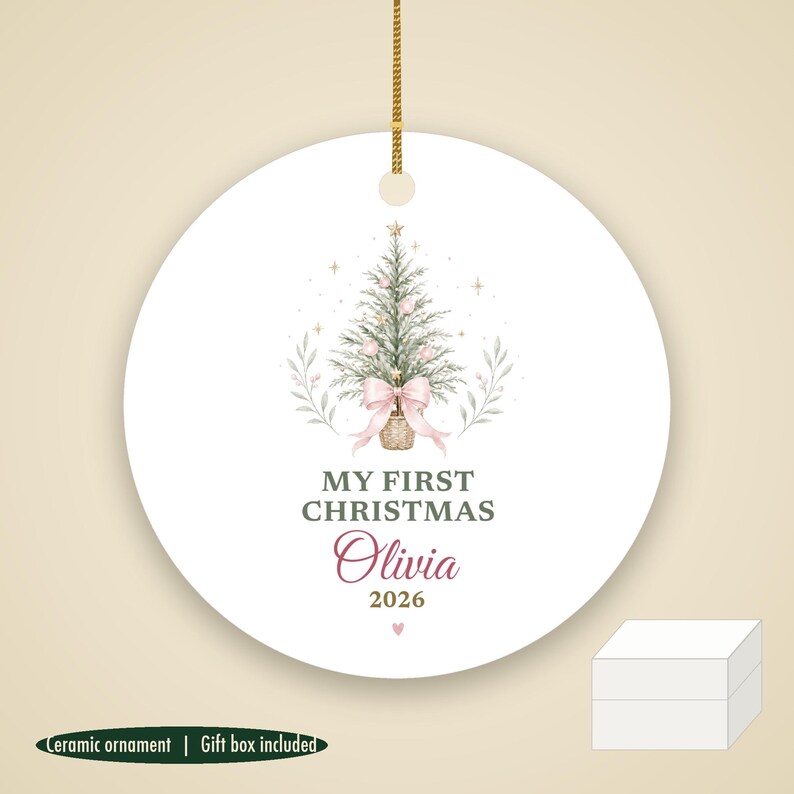 My First Christmas Ornament Pastel, Dainty Tree Cursive Baby Name Ceramic 2026 afbeelding 1