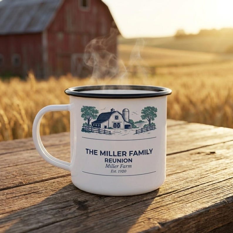 Personalized Farm Family Reunion Enamel Camp Mug, Custom 2026 Campfire Keepsake Gift, Vintage Travel Coffee Cup, Country Vacation Souvenir image 1