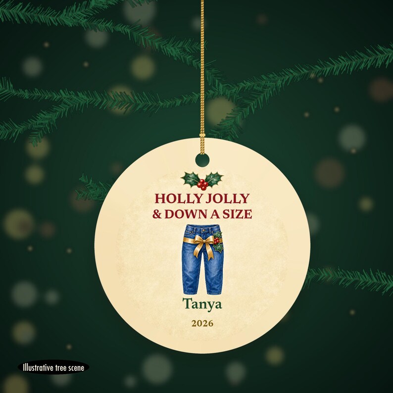 Holly Jolly and Down a Size Christmas Ornament, Funny GLP-1 Christmas Gift, Custom Name Ceramic zdjęcie 6