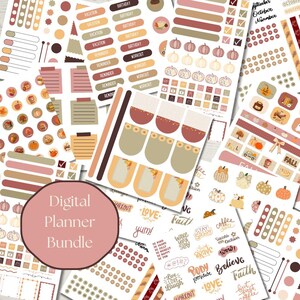 May include: A digital planner sticker bundle featuring autumn-themed graphics including pumpkins, fall foliage, and seasonal icons. The collection includes various labels, checklists, and motivational text phrases in a warm color palette of orange, brown, and cream.