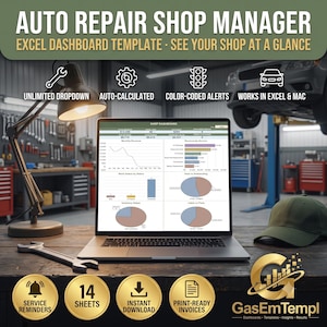 May include: An Auto Repair Shop Manager Excel dashboard template displayed on a laptop screen. The interface features charts, graphs, and data tables for shop management. The image includes icons for tools, gears, traffic lights, and a car.