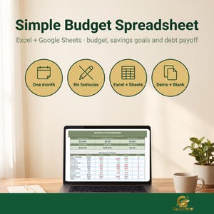 Op de afbeelding: Een digitaal budget-spreadsheet-sjabloon voor Excel en Google Sheets met de titel Simple Budget Spreadsheet. Het bevat vier ronde iconen met de labels One month, No formulas, Excel + Sheets en Demo + Blank, en een laptop met een dashboard.