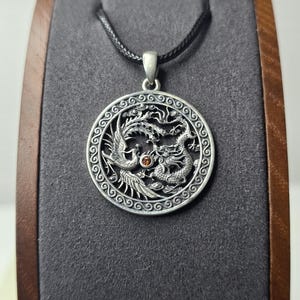 Phoenix Dragon Pendant 925 Silver Yin Yang Amulet Ruby Stone Talisman Feng Shui Relic Balance Emblem Spiritual Mythology Gift