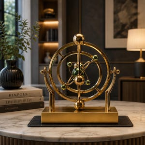May include: A gold-coloured kinetic sculpture featuring a central atom-like structure with metallic green spheres orbiting within concentric rings. The device is mounted on a rectangular gold base and is designed to rotate on a horizontal axis.