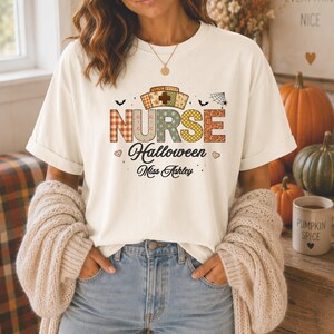 Personalized Nurse Halloween Shirt, Custom Nurse Name Tee, Vintage Patchwork Halloween T-Shirt for Women, Comfort Colors, RN LPN CNA Gift