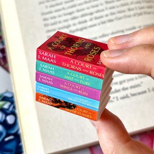 Peut inclure: Une pile de livres miniatures aux couvertures colorées. Les titres incluent "A Court of Thorns and Roses", "A Court of Mist and Fury", "A Court of Wings and Ruin", "A Court of Frost and Starlight" et "A Court of Silver Flames" par Sarah J. Maas.