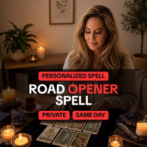 May include: A set of tarot cards laid out on a black cloth with the text PERSONALIZED SPELL ROAD OPENER SPELL PRIVATE SAME DAY. The cards feature detailed illustrations and are surrounded by several lit candles and dark purple crystal clusters.