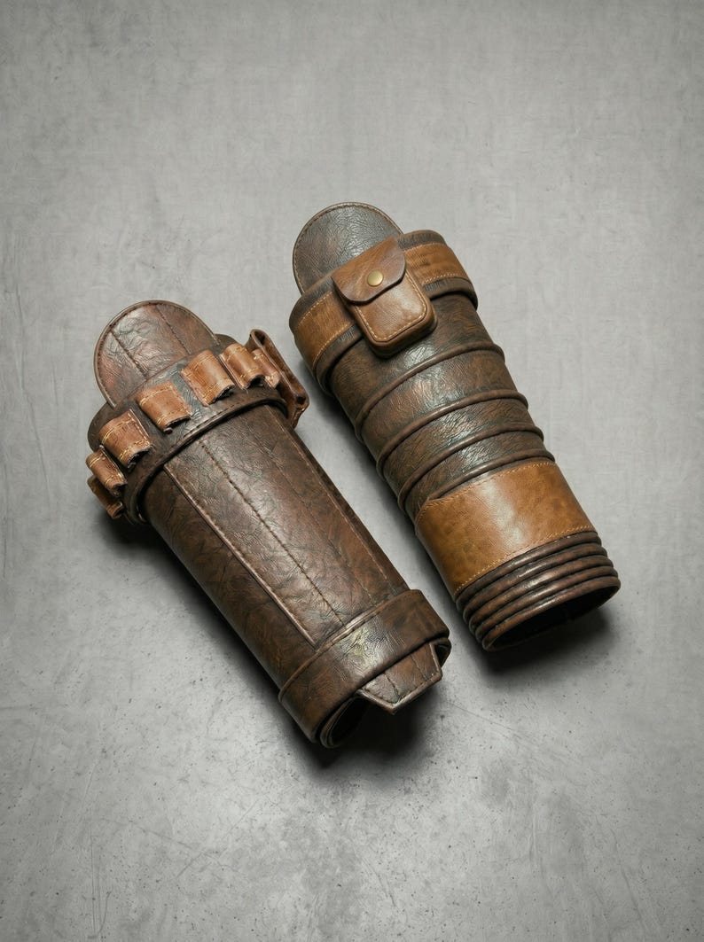 May include: Two brown leather quivers with varying shades and textures. One quiver has a series of small, rectangular holders, while the other features a small flap with a button closure. Both have a cylindrical shape and are designed to hold arrows.
