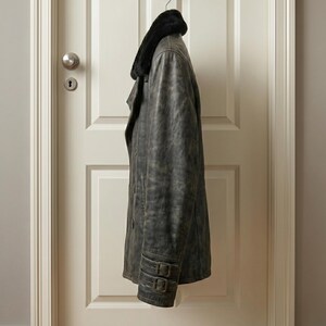 Puede incluir: Un abrigo de cuero gris con cuello de piel negro cuelga de una puerta. El abrigo tiene un dise&ntilde;o cruzado y detalles de hebilla en las mangas. La puerta es blanca con un pomo plateado.
