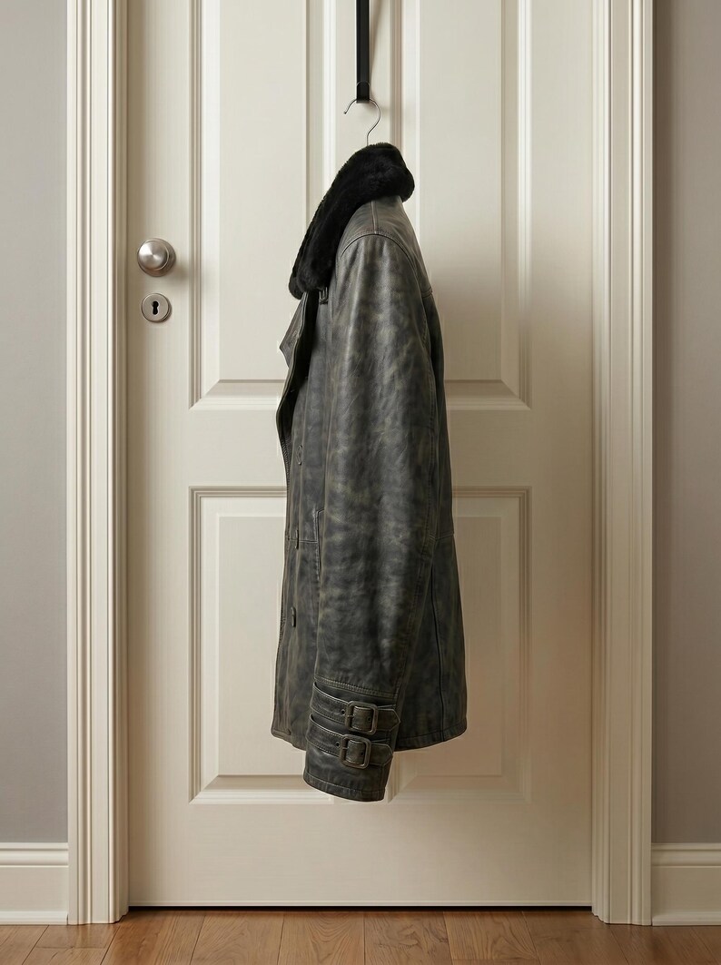 Puede incluir: Un abrigo de cuero gris con cuello de piel negro cuelga de una puerta. El abrigo tiene un dise&ntilde;o cruzado y detalles de hebilla en las mangas. La puerta es blanca con un pomo plateado.
