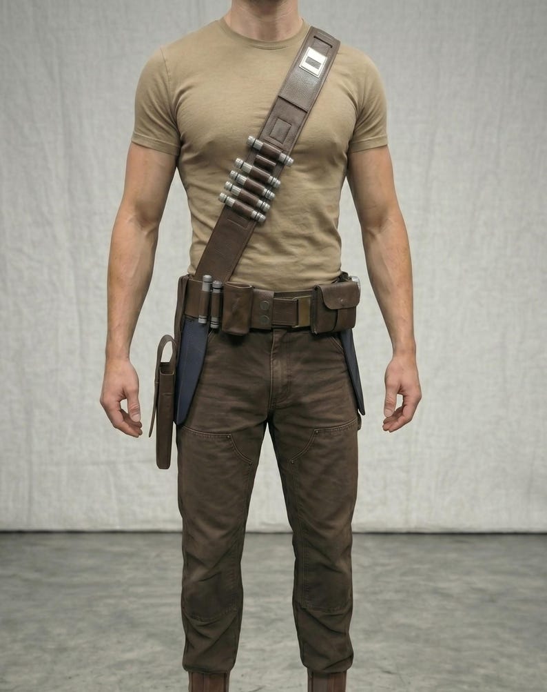 Puede incluir: Un cintur&oacute;n utilitario y una bandolera de cuero marr&oacute;n con cilindros y bolsas plateadas. El cintur&oacute;n se usa con pantalones marrones y una camiseta beige. Una funda est&aacute; sujeta al cintur&oacute;n.