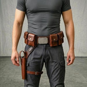 May include: A brown leather utility belt featuring four rectangular pouches with snap closures, a central metallic buckle with geometric detailing, and an integrated drop-leg holster secured with a buckled strap around the upper thigh.