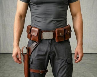 Star Wars Inspired Mandalorian Custom Handmade Leather Cosplay Utility Belt with Axe Woves, Holster and Pouches.