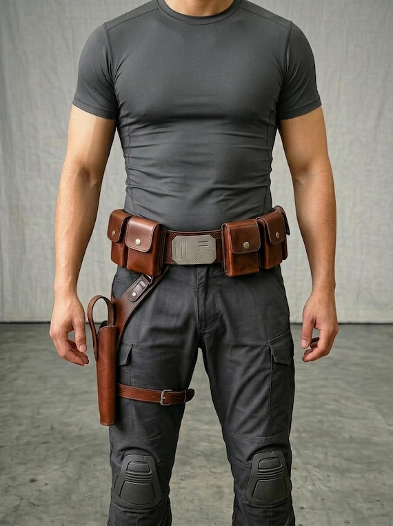 Star Wars Inspired Mandalorian Custom Handmade Leather Cosplay Utility Belt with Axe Woves, Holster and Pouches.