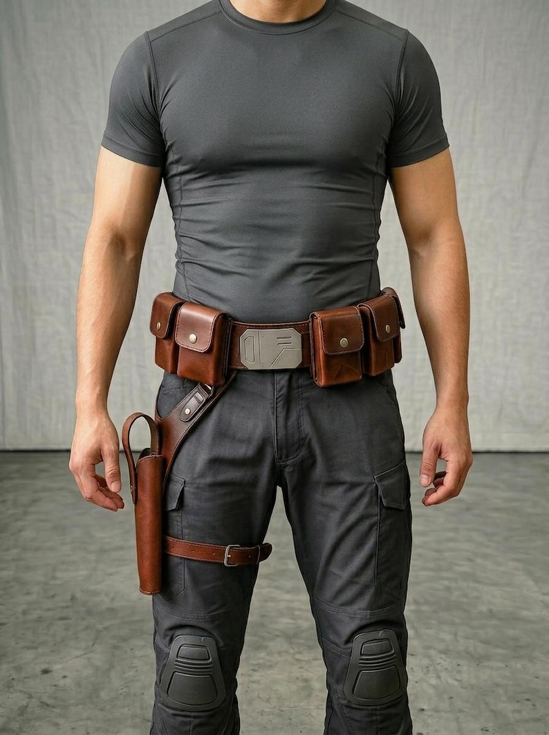 May include: A brown leather utility belt featuring four rectangular pouches with snap closures, a central metallic buckle with geometric detailing, and an integrated drop-leg holster secured with a buckled strap around the upper thigh.