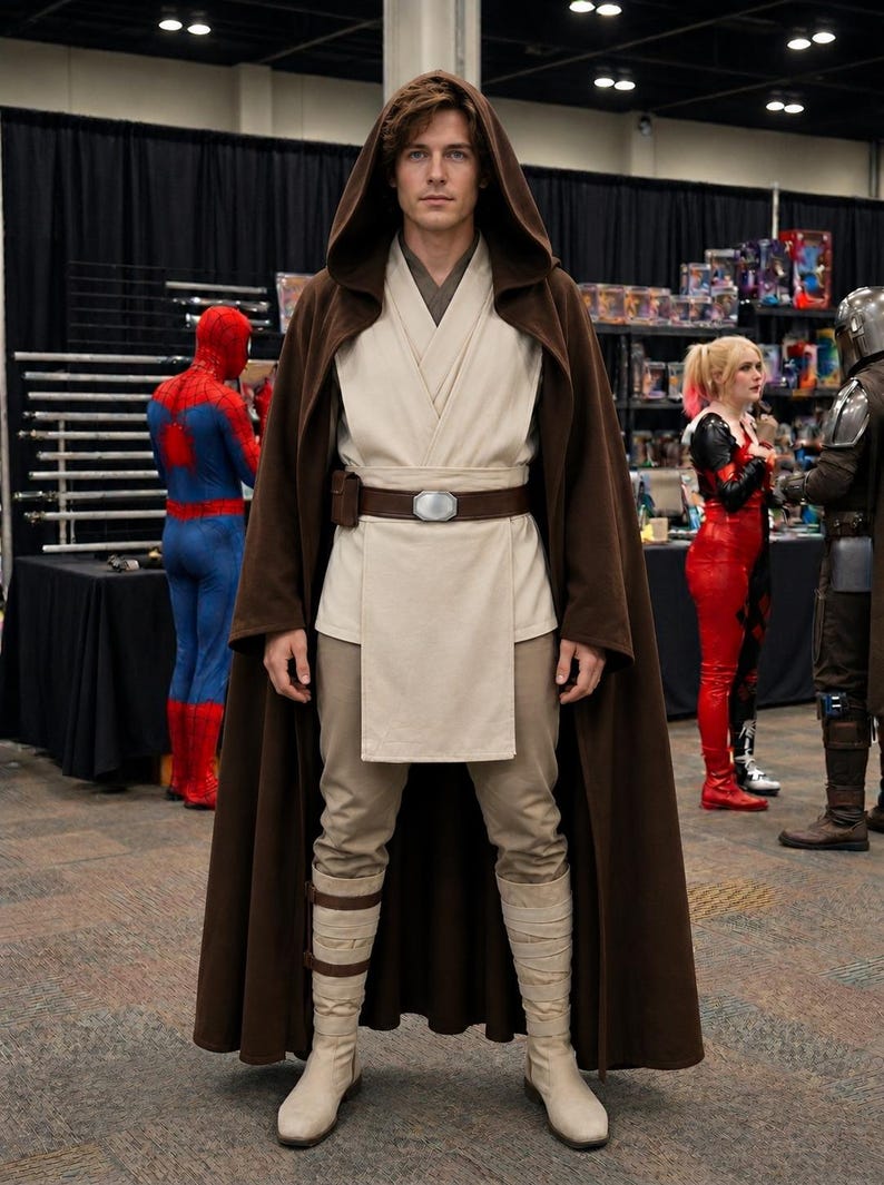 Puede incluir: Una persona con una capa con capucha marr&oacute;n y una t&uacute;nica, pantalones y botas beiges, que se asemeja a un Jedi de Star Wars. Un cintur&oacute;n marr&oacute;n con hebilla plateada y una bolsa completan el disfraz. Otras figuras disfrazadas est&aacute;n en el fondo.