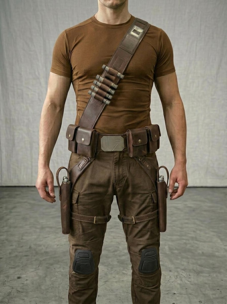 May include: A brown t-shirt paired with a brown leather utility belt and bandolier set. The gear includes multiple pouches, a metallic buckle, two side holsters, and knee pads integrated into the brown trousers for a functional, tactical appearance.