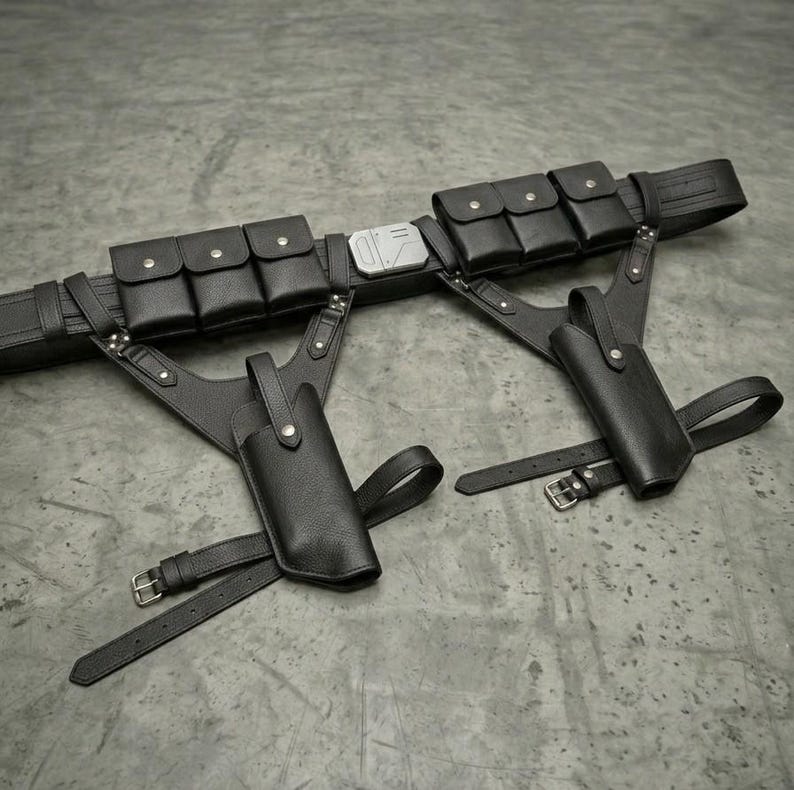 May include: A black utility belt featuring six small rectangular pouches with snap closures, a central metallic buckle, and two attached holsters. Each holster is secured with adjustable straps and metal buckles, creating a structured tactical design.