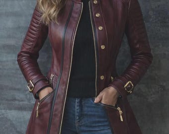 Women's Handmade Burgundy Genuine Leather Long Biker Coat.