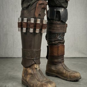 May include: Close-up of brown leather boots and leg armor. The boots have a worn, distressed appearance with a zipper closure. The leg armor includes metal cylinders and leather straps, suggesting a sci-fi or cosplay theme.