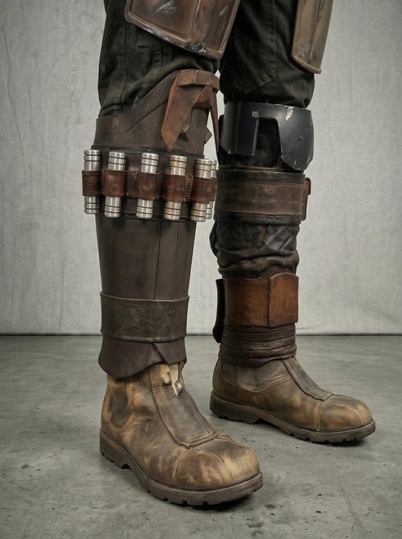 May include: Close-up of brown leather boots and leg armor. The boots have a worn, distressed appearance with a zipper closure. The leg armor includes metal cylinders and leather straps, suggesting a sci-fi or cosplay theme.
