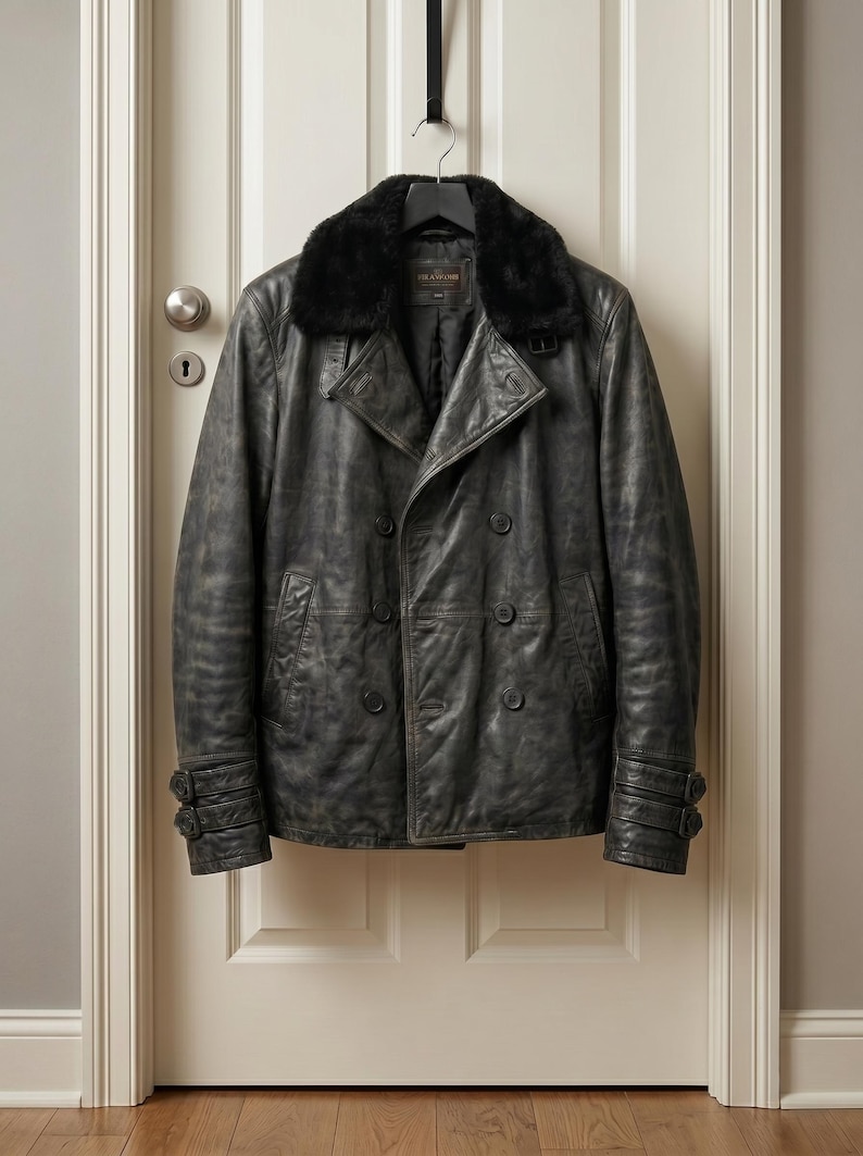 Puede incluir: Una chaqueta de cuero gris desgastado con cuello de piel sint&eacute;tica negra cuelga de una puerta. El abrigo cruzado presenta m&uacute;ltiples botones, solapa con muescas y pu&ntilde;os abotonados. La chaqueta es de estilo cl&aacute;sico, adecuada para climas m&aacute;s fr&iacute;os.