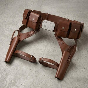May include: A brown leather utility belt featuring four rectangular pouches with silver snap closures, two integrated holsters, and adjustable leg straps. A central silver-toned geometric buckle with engraved lines secures the main waist belt.