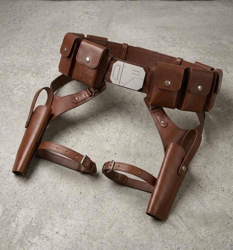 May include: A brown leather utility belt featuring four rectangular pouches with silver snap closures, two integrated holsters, and adjustable leg straps. A central silver-toned geometric buckle with engraved lines secures the main waist belt.