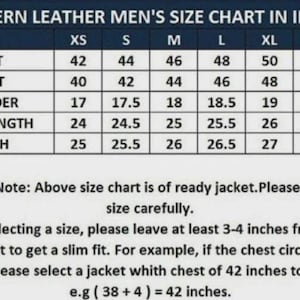 Puede incluir: Tabla de tallas para chaquetas de cuero estilo western, mostrando medidas de pecho, cintura, hombros, largo de manga y largo en pulgadas. Tallas de XS a XXXL. Incluye una nota sobre la selecci&oacute;n de la talla correcta para un ajuste entallado.