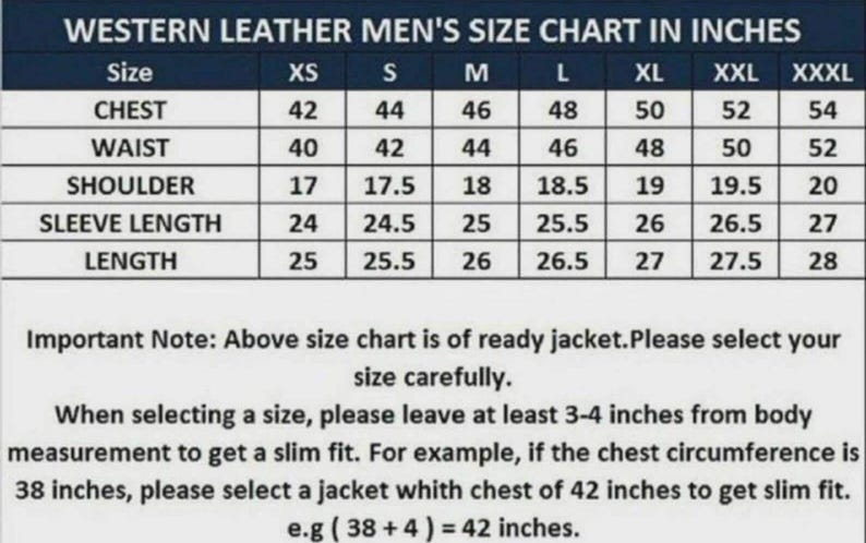 Puede incluir: Tabla de tallas para chaquetas de cuero estilo western, mostrando medidas de pecho, cintura, hombros, largo de manga y largo en pulgadas. Tallas de XS a XXXL. Incluye una nota sobre la selecci&oacute;n de la talla correcta para un ajuste entallado.