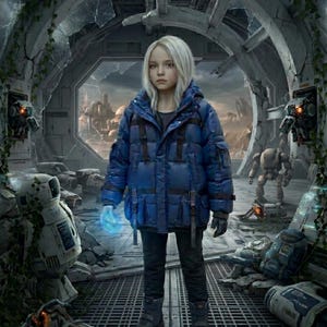 May include: A young person in a blue puffer jacket and black pants stands in a futuristic, ruined environment. The person holds a glowing blue orb. The scene includes robots and a cityscape visible through a broken window.