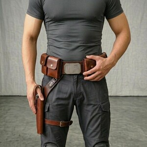 May include: A brown leather utility belt featuring two attached pouches, a central metallic buckle with engraved lines, and a drop-leg holster. The belt is worn over dark grey cargo trousers with reinforced knee pads and a matching dark grey t-shirt.