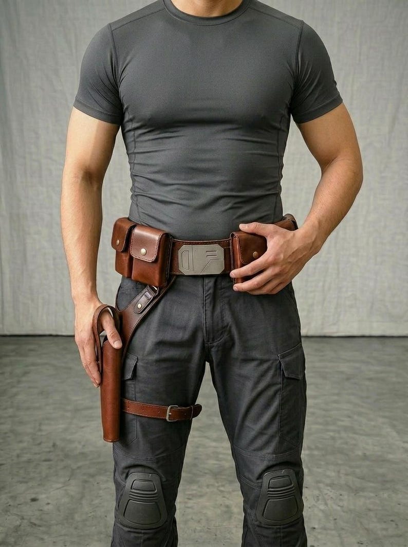 May include: A brown leather utility belt featuring two attached pouches, a central metallic buckle with engraved lines, and a drop-leg holster. The belt is worn over dark grey cargo trousers with reinforced knee pads and a matching dark grey t-shirt.