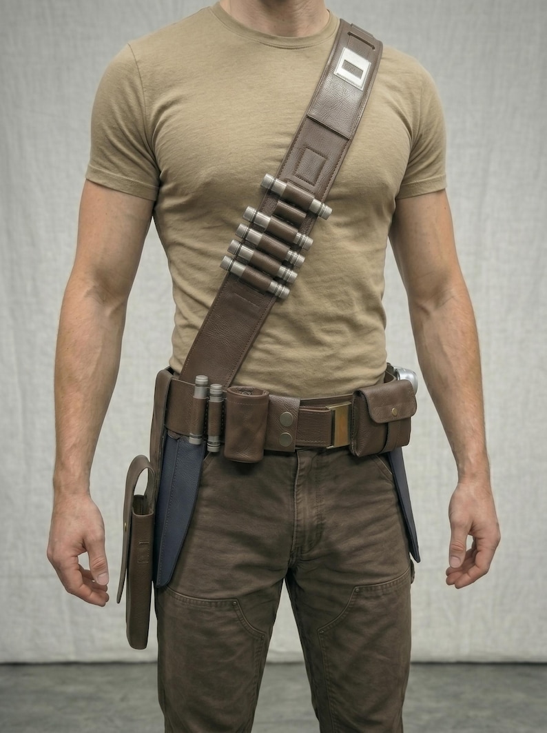 Puede incluir: Bandolera de cuero marr&oacute;n con cilindros plateados y cintur&oacute;n a juego. El cintur&oacute;n tiene bolsillos y una funda. El atuendo se completa con pantalones marrones y una camiseta beige.